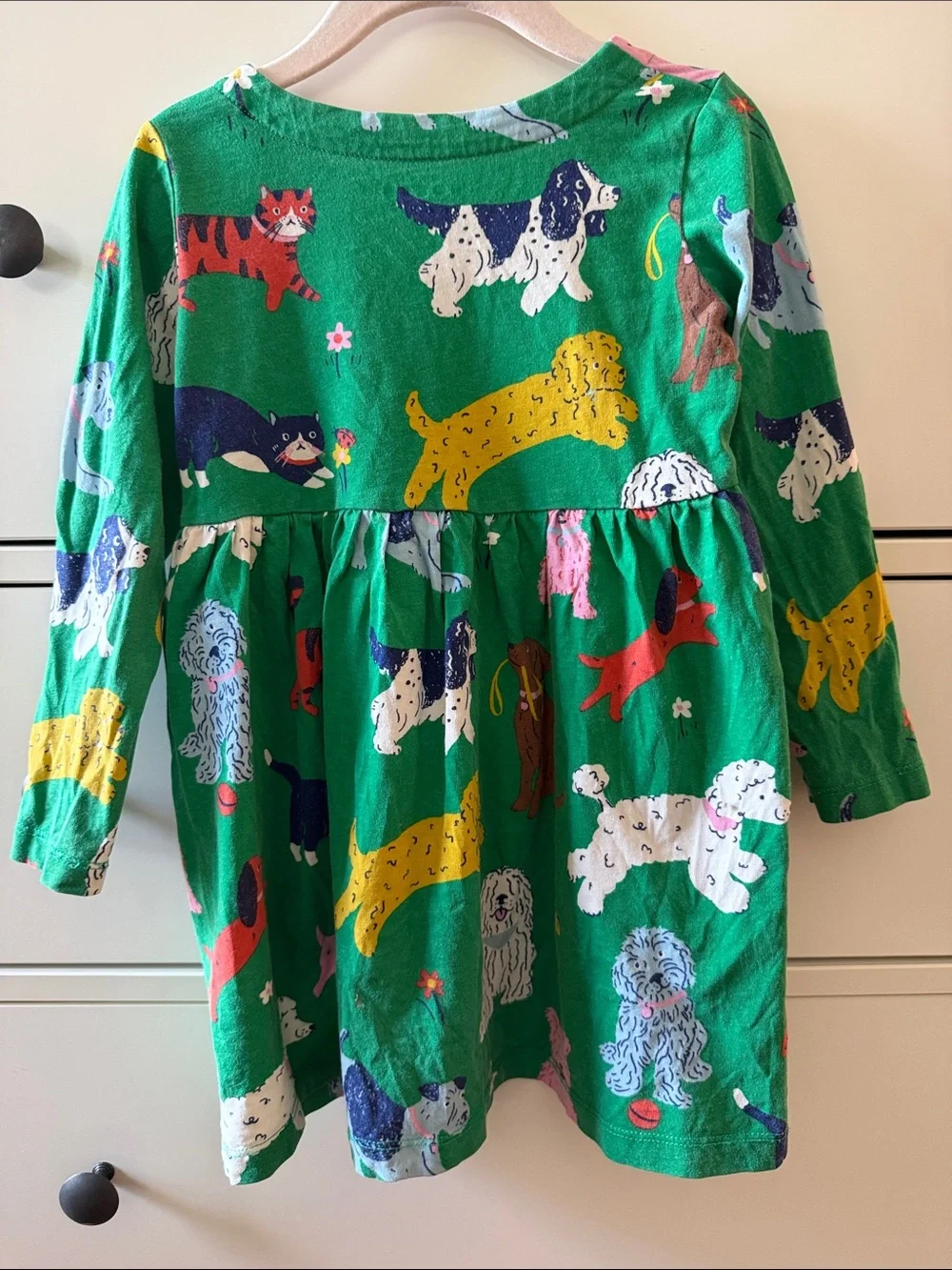 Mini Boden Green Long-Sleeve Dog & Cat Print Dress with Pockets